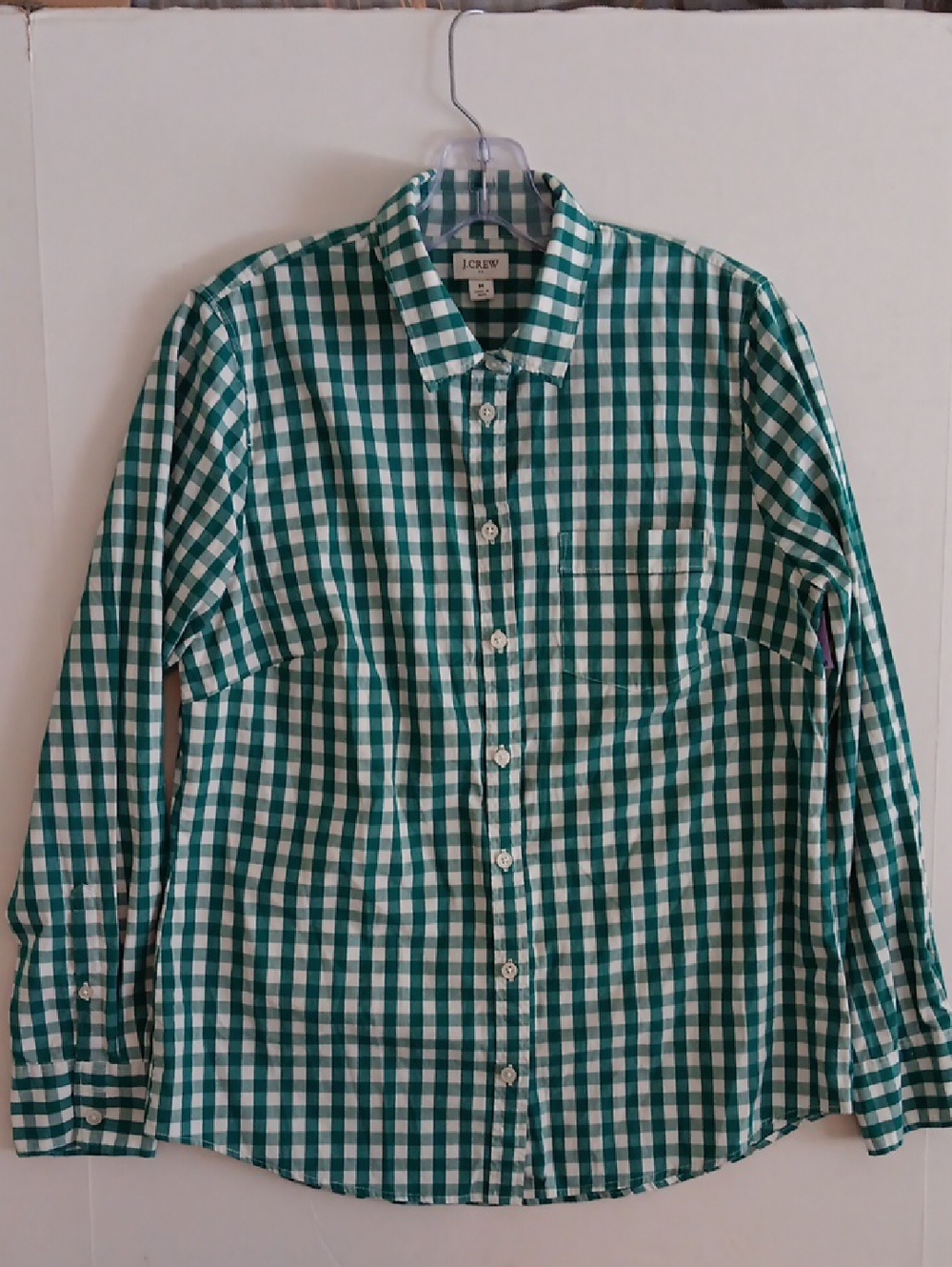 J. CREW TEAL/WHITE GINGHAM BUTTON-DOWN LO G SLEEVE SHIRT SIZE M